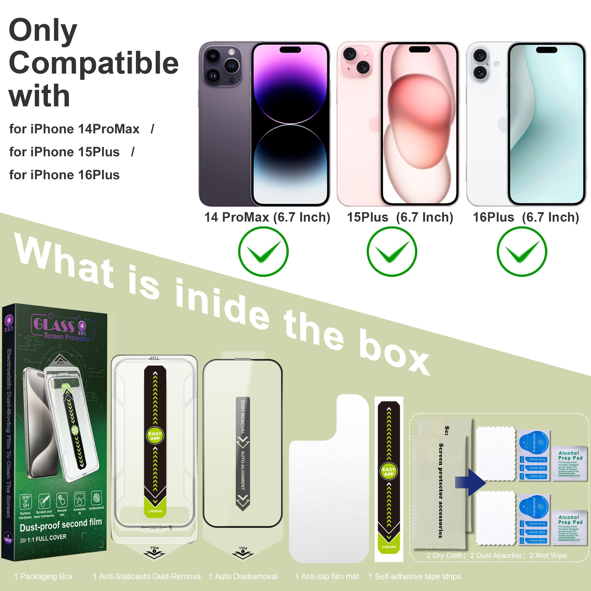 SY SHANGYAN 2 Pack Ultra HD Clear Screen Protector for iPhone 14 Pro Max/15 Plus/16 Plus (6.7-Inch),9H Tempered Glass,Full Coverage,Anti-Fingerprint,Auto Dust Removal,Bubble-Free,Easy Installation