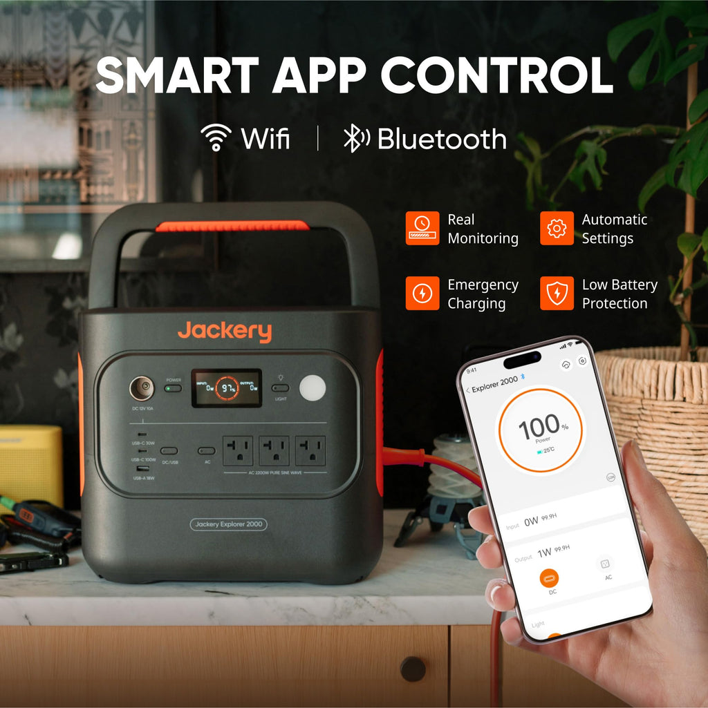 Jackery Explorer 2000 v2 Portable Power Station with Car Charging Cable, 2042Wh LiFePO4 Battery, 2200W Solar Generator, USB-C PD 100W Fast Charging for Camping, Home Use(Solar Panel Optional)