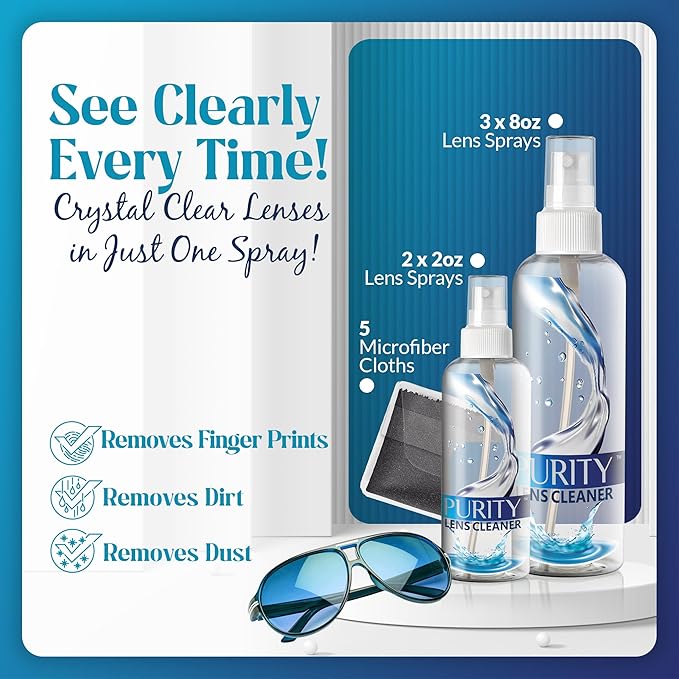 Purity Eyeglass Cleaner Mega Pack - Multi-Size Lens Cleaner Kit - 2x2oz, 3x8oz Bottles + 5 Black Premium Microfiber Cloths - Safe for All Lenses, Eyeglasses, and Screens - Streak-Free Formula