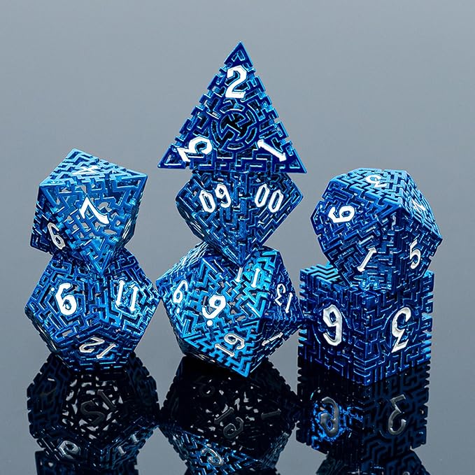 Blue Metal Hollow DND Dice Set (Wizard) Metallic Luster Maze Design with Storage Box - Balanced Weight 7 Piece Zinc Alloy, designed for Dungeons and Dragons DMs and Players RPG Accessories