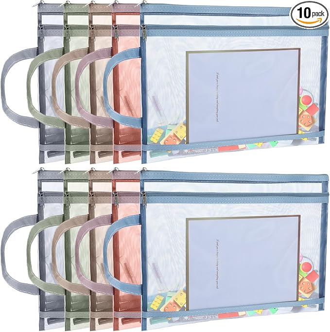 10 Pack Colored Mesh Zipper Pouch Bags, Double-Layer Nylon Puzzle Building Block Sets Toy Storage & Organization, Breathable See Through A4 Zipper Pouch with Handle for School Office Games