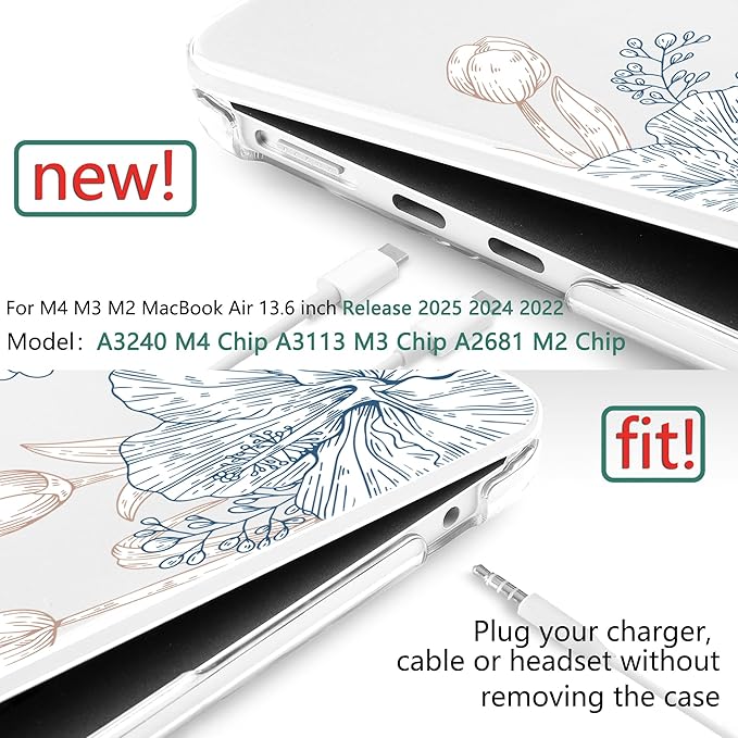 TWOLSKOO Compatible with M4 MacBook Air 13.6 inch Case 2025-2022 Release M4 A3240 M3 A3113 M2 A2681, Plastic Hard Shell & Keyboard Cover & Type C Adapter & Screen Protector, Engraved Sketch2