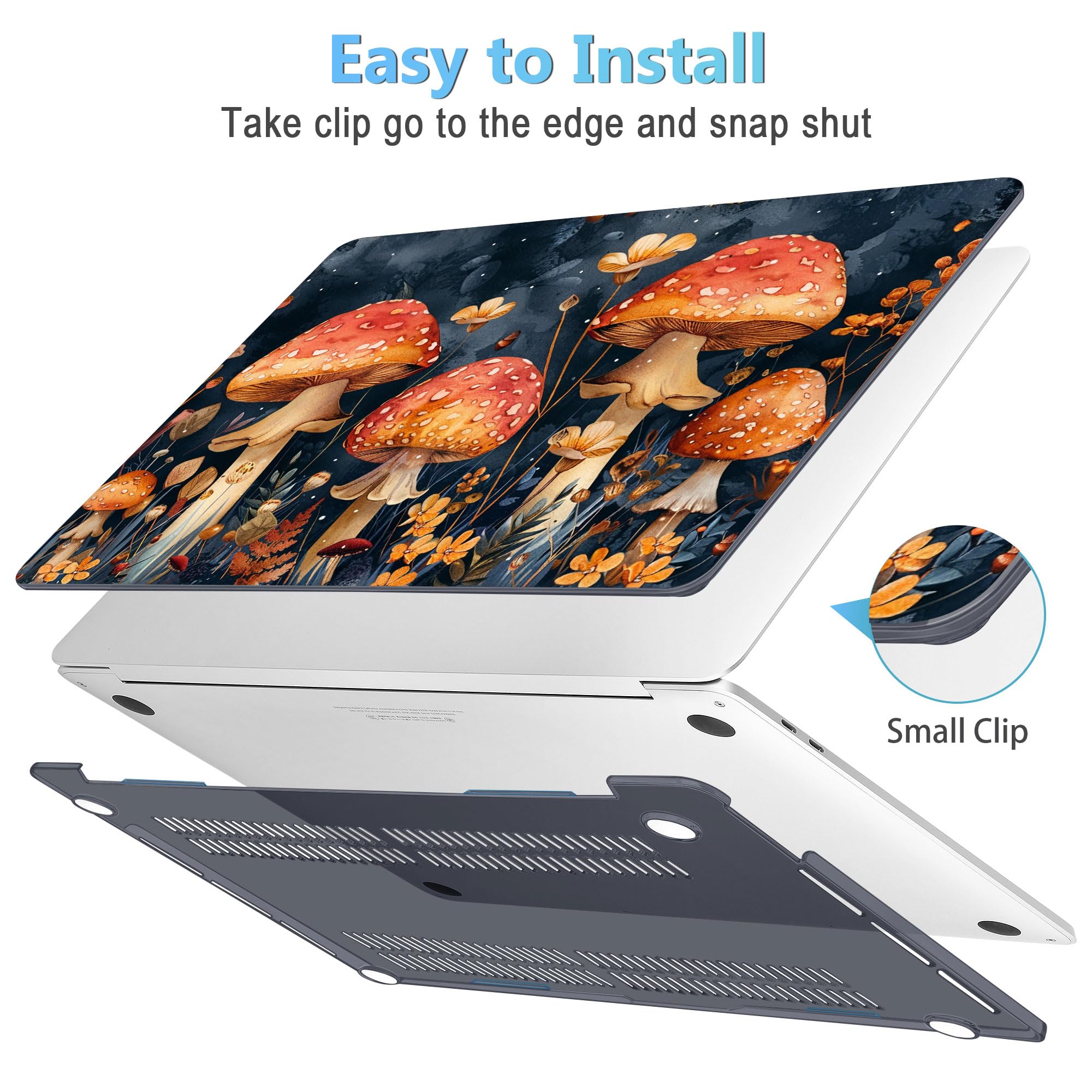 Mektron for MacBook Air 13 Case A1466/A1369 (2010-2017 Release), Snap-on Plastic Hard Shell Cover for MacBook Air 13.3 inch with Keyboard Cover, Mushrooms