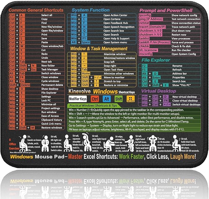 Mouse Pad for Windows Shortcuts – Small Window Cheat Sheet Desk Pad – 11.8"x9.8" Portable Computer Mousepad – Gaming, Office, Waterproof, Non-Slip, Stitched Edges