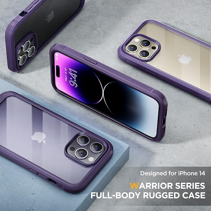 Miracase Glass Series Designed for iPhone 14 Pro Case 6.1 Inch, Upgrade Full-Body Bumper Case with Built-in 9H Tempered Glass Screen Protector, with Camera Lens Protector, Dark Purple