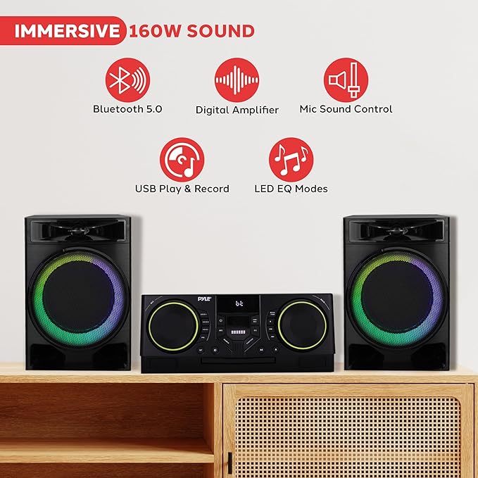 Pyle CD Stereo System with Bluetooth, MP3/DVD/CD Playback, Dual USB Recording CD Player with Speakers, Black Mini Stereo System with Subwoofer, FB Radio, 160W Digital Amplifier & Remote Control