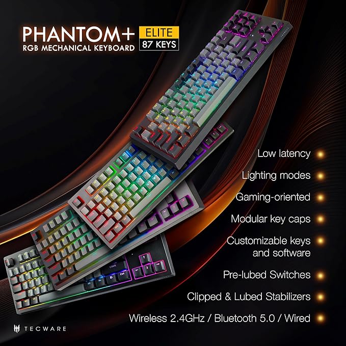 TECWARE Phantom+ Elite 87 Key RGB Mechanical Gaming Keyboard, LED Backlit, Universal Hot-Swap, Wired and Wireless, 3 Mode Connectivity, Thocky Sounding, Black Elite Wraith Pink