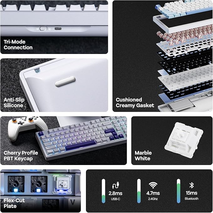 EPOMAKER Galaxy100 QMK/VIA Wireless Mechanical Keyboard with 8000mAh Battery and Numpad, CNC Aluminum, Full Size Gaming Keyboard, USB-C/BT5.0/2.4Ghz (White Purple, Marble White Switch)