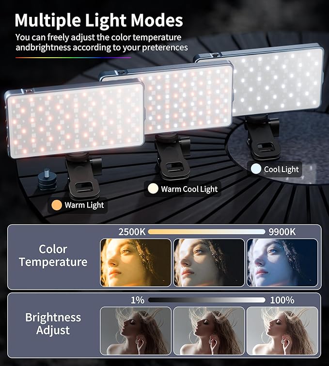 Selfie Camera Phone Light with Metal Hotshoe & Clip, CRI 96+ 2500K-9900K Rechargeable RGB Video Light for Laptops, Cameras, Selfie, Video Conference, TikTok Live Streaming, Filming
