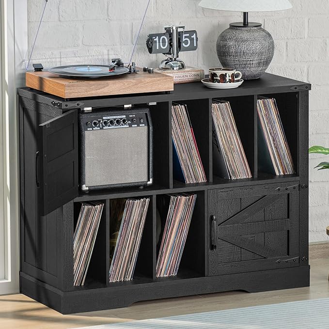 Large Record Player Stand with Vinyl Storage Up to 450 Albums, 39 Inch Farmhouse Wood Black Vinyl Records Storage Cabinet with Barn Doors, Mid-Century Modern Turntable Stand for Living Room