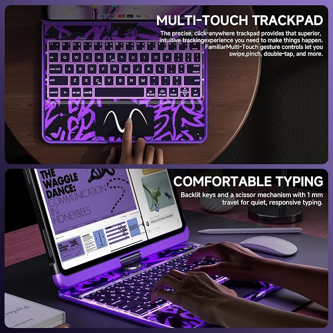 Transparent Case with Keyboard for iPad 11th Gen 11 Inch.(A16, 2025) & 2022 iPad 10th Gen 10.9 Inch,7-Color Backlit,Wireless Keyboard, 360°Rotating,with trackpad,Pencil Holder,with Shortcuts,Purple