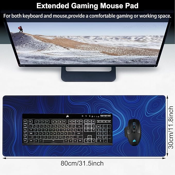 Abstract Topography Design Desk Mat,Large Dark Blue Topographic Line Art Gaming Keyboard Mouse Pad,Non-Slip Rubber Base Desk Pad Thick Stitched Edges Waterproof Mousepad Mouse Mat 31.5"x11.8"