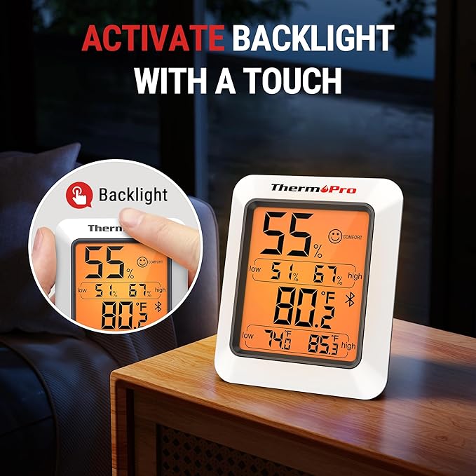 ThermoPro Hygrometer Thermometer for House TP350, Bluetooth Room Indoor Greenhouse Thermometer Monitor Up to 260FT, Backlit Humidity Meter Temperature Sensor with 2-Year Data Export, 2 Pack
