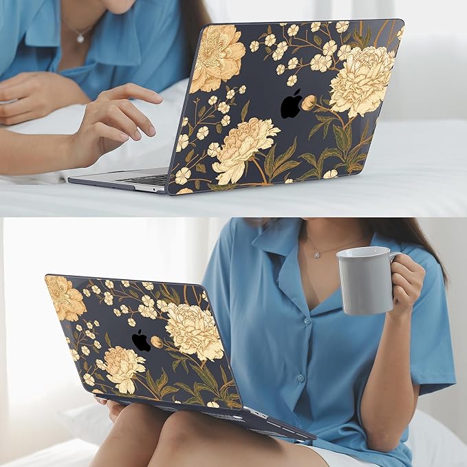 Mektron for MacBook Air 13 Case A1466/A1369 (2010-2017 Release), Snap-on Plastic Hard Shell Cover for MacBook Air 13.3 inch with Keyboard Cover, Peony Flowers C186