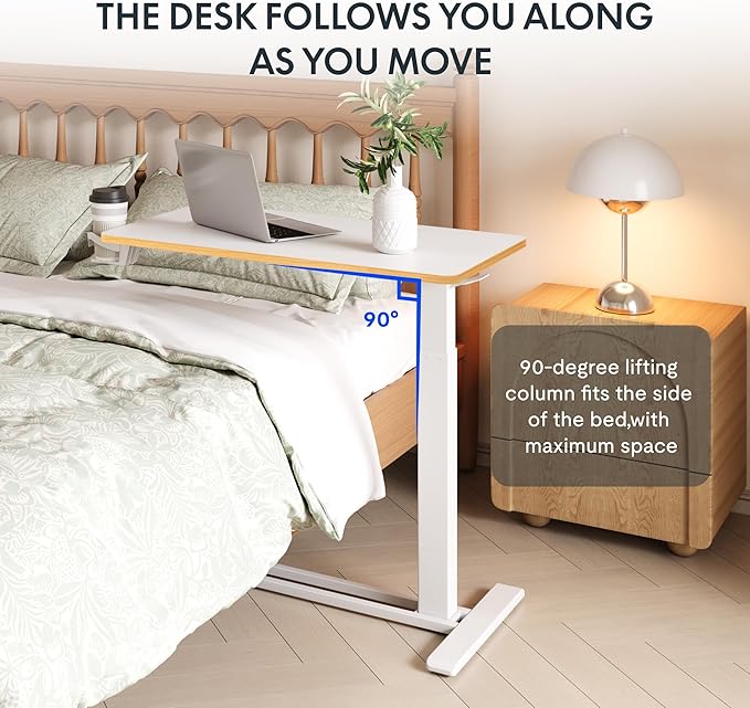 FLEXISPOT Mobile Standing Desk with Wheels Pneumatic Laptop Rolling Computer Cart Movable Height Adjustable Small Sit Stand Desk Computer Workstations Home Use（31.5" W x 17.7" D,White+Maple
