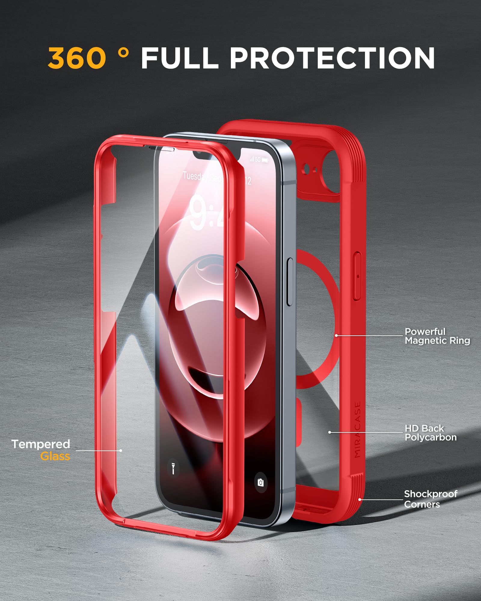Miracase for iPhone 17e Case & iPhone 16e Case, Full-Body Phone with Built-in Glass Screen Protector, [Magnetic with MagSafe] Military Drop Proof 17 E/ 16 E Cover Bumper 6.1 inch, Red
