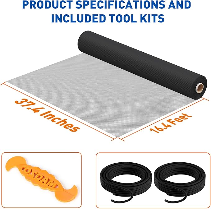 MAGZO High Density Window Screen Replacement Mesh Roll, 37.4in × 16.4ft High Definition Siftproof 32x28 Mesh Screen for Porch Doors Repair Kit, Ideal for Patio Windows, Sliding & DIY Projects