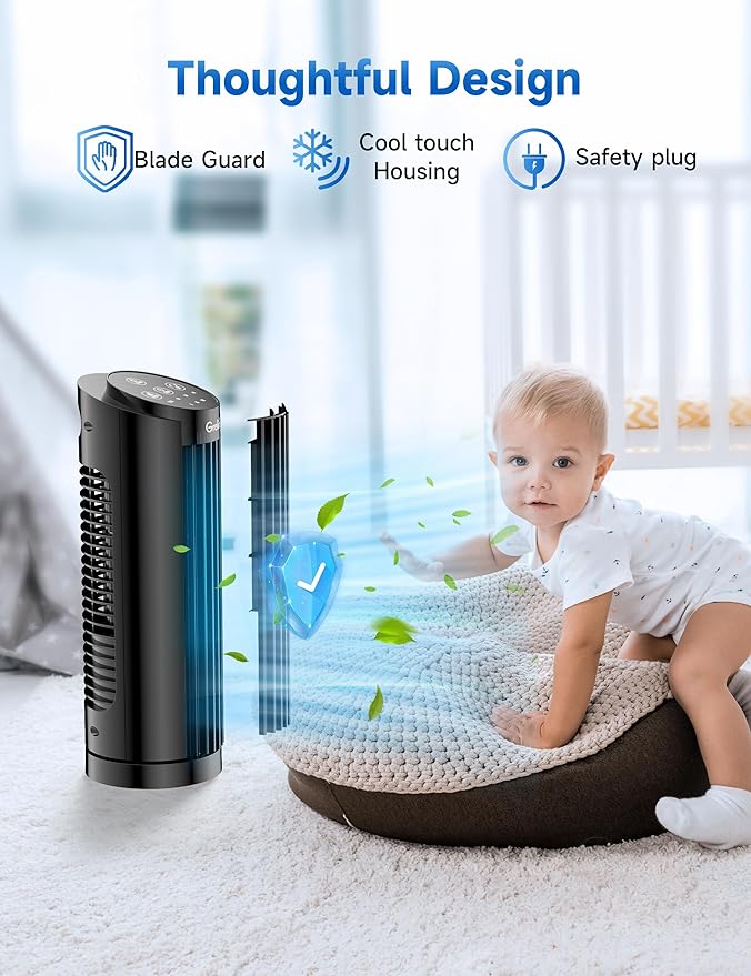Grelife Tower Fan, Mechanical Controls, 3 Speed Settings, 90° Oscillation - 13 Inch, Quiet, Space-Saving, Bladeless Cooling, Portable Desk Fan for Bedroom, Home, Office