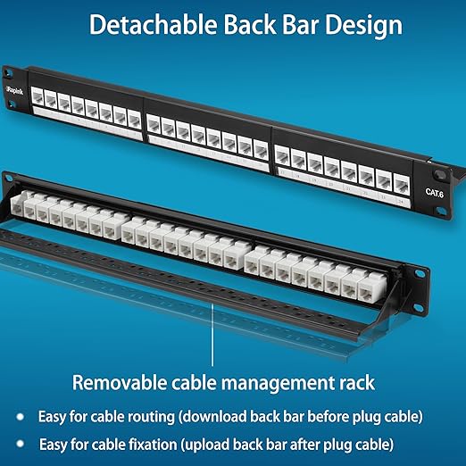 Rapink Patch Panel 24 Port Cat6 with White Inline Keystone 10G Support, Pass-Thru Coupler Patch Panel UTP 19-Inch with Removable Back Bar, 1U Network Panel for Cat6, Cat5e, Cat5 Cabling