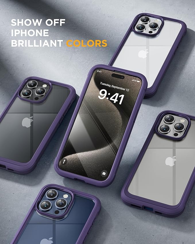 Miracase for iPhone 15 Pro Case Full-Body Built-in Glass Screen Protector& Camera Protector, Military Protective 15 Pro Phone Case Cover 6.1 inch, Purple