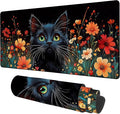 Black Cat and Flowers Gaming Mouse Pad 3mm Thick Stitched Edge Waterproof Non-Slip Large Computer Keyboard Mouse Mat,Suitable for Office Entertainment Decorative Desk Pad 35.4 x 15.7 Inches