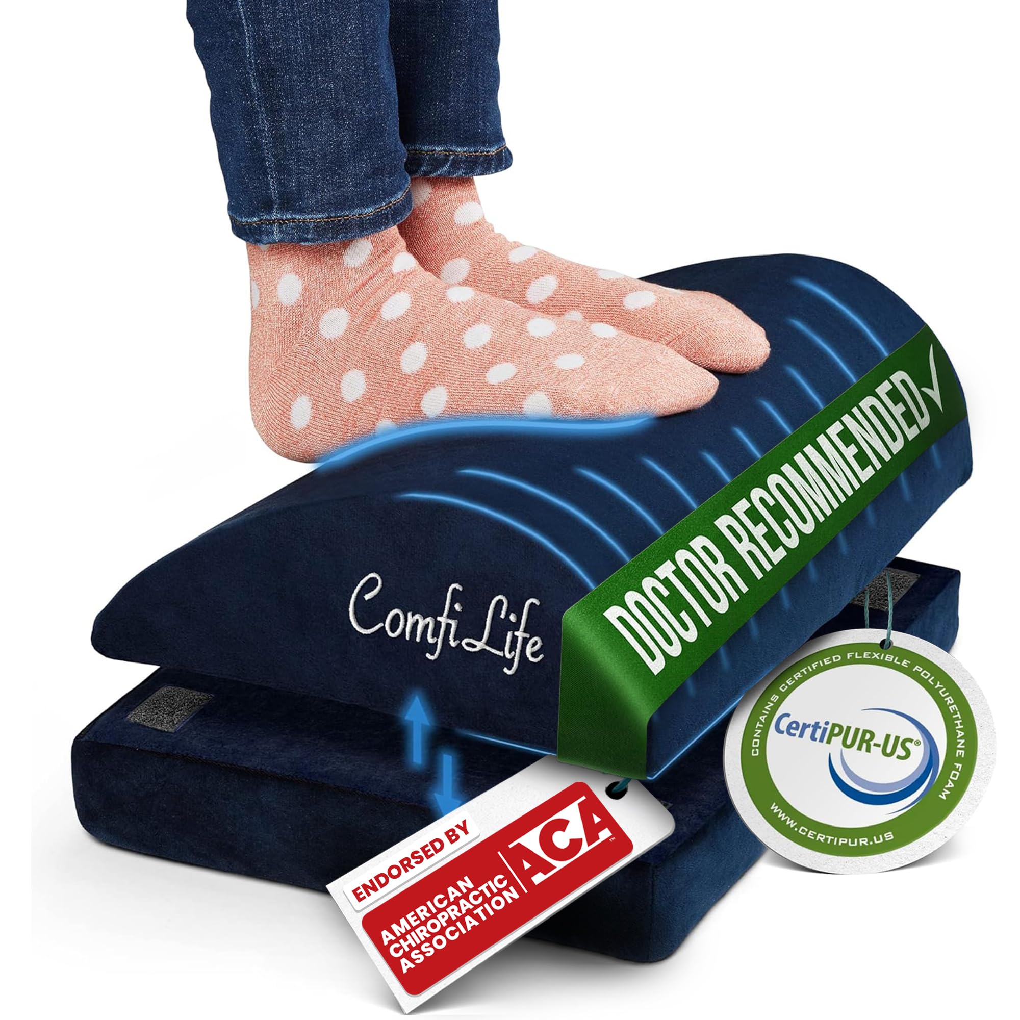 ComfiLife Foot Rest for Under Desk at Work – Adjustable Desk FootRest for Office Chair, Gaming Accessories – Ergonomic Teardrop Design for Back, Hip & Leg Pain Relief – 100% Memory Foam (Navy)