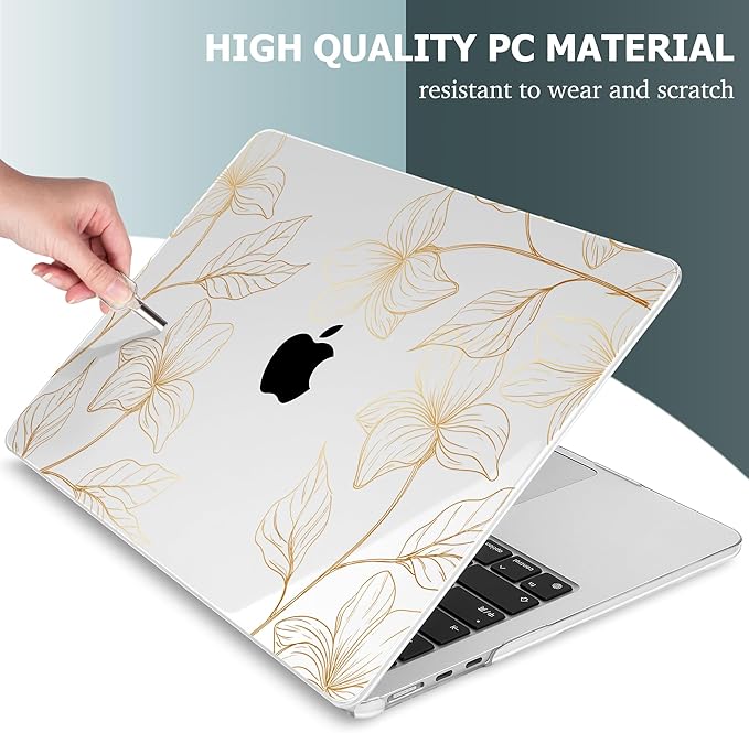 Mektron for 2025 M4 MacBook Air 13.6 Inch A3240 Case Fits 2023 A2681 M2 2024 A3113 M3 Chip with Liquid Retina Display Touch ID, Printed Plastic Hard Shell Cover for MacBook Air 13.6", Gold Flower S718