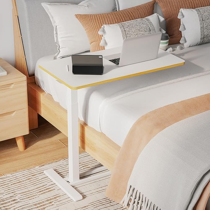 SANODESK Medical Adjustable Overbed Bedside Table with Hidden Casters, Pneumatic Mobile Laptop Computer Standing Desk Cart Overbed Table with Tray, Hospital and Home Use(27.6" W x 15.7" D, White)