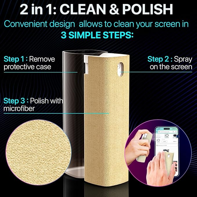 Mini Screen Cleaner Spray – Finger Proof Screen Cleaner for Smartphones, iPads, MacBooks, Laptops, Car Screens, Touchscreens – 3in1 Mist Cleaner, Microfiber Cloth and Protective Cover (Khaki)