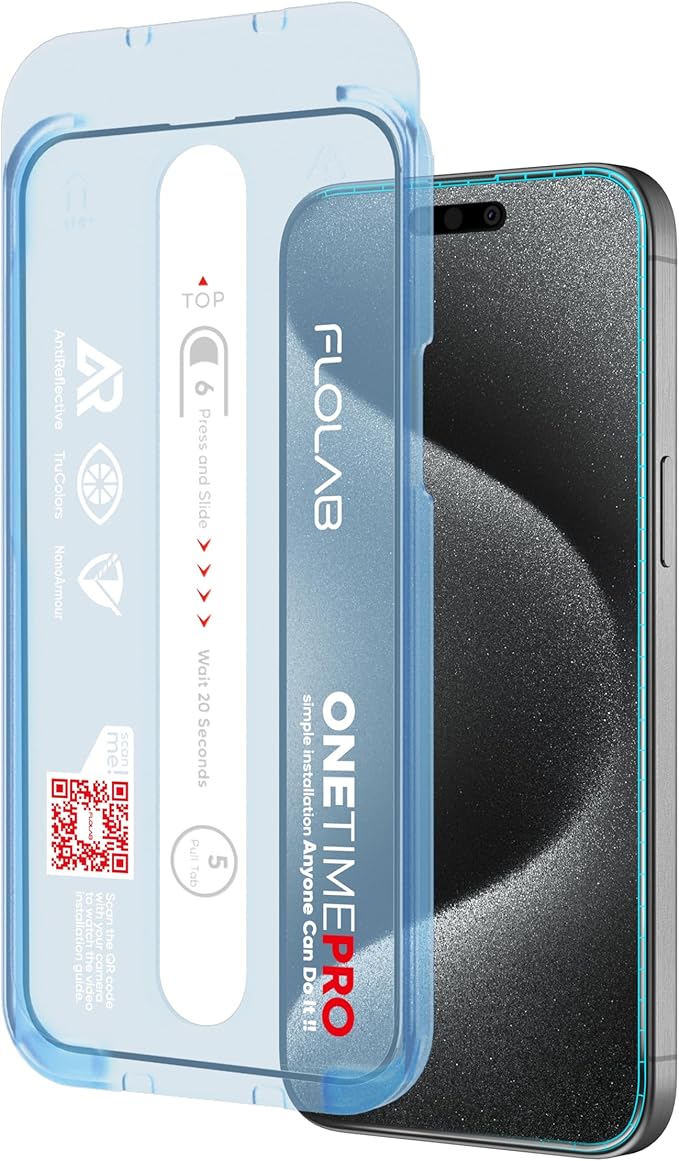 FLOLAB NanoArmour ONETIME PRO for iPhone 15 Pro Screen Protector, Anti-Reflective, Anti-Rainbow, 3D Tempered Glass, Ultra Clear, Edge Reinforced, Easy Install, Dust-Free, Scratch Resistant