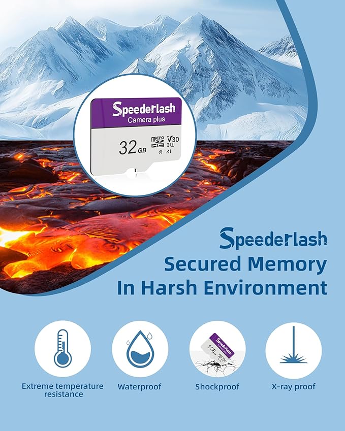 Micro SDXC Memory Card 32GB 2 Pack, Speederlash Camera Plus TF Card with Adapter, Up to 90MB/s Read Speed, 4K UHD&5K Video Support, U1 V30 A1 Rated, Waterproof, for Security Camera, Dashcam, Drones