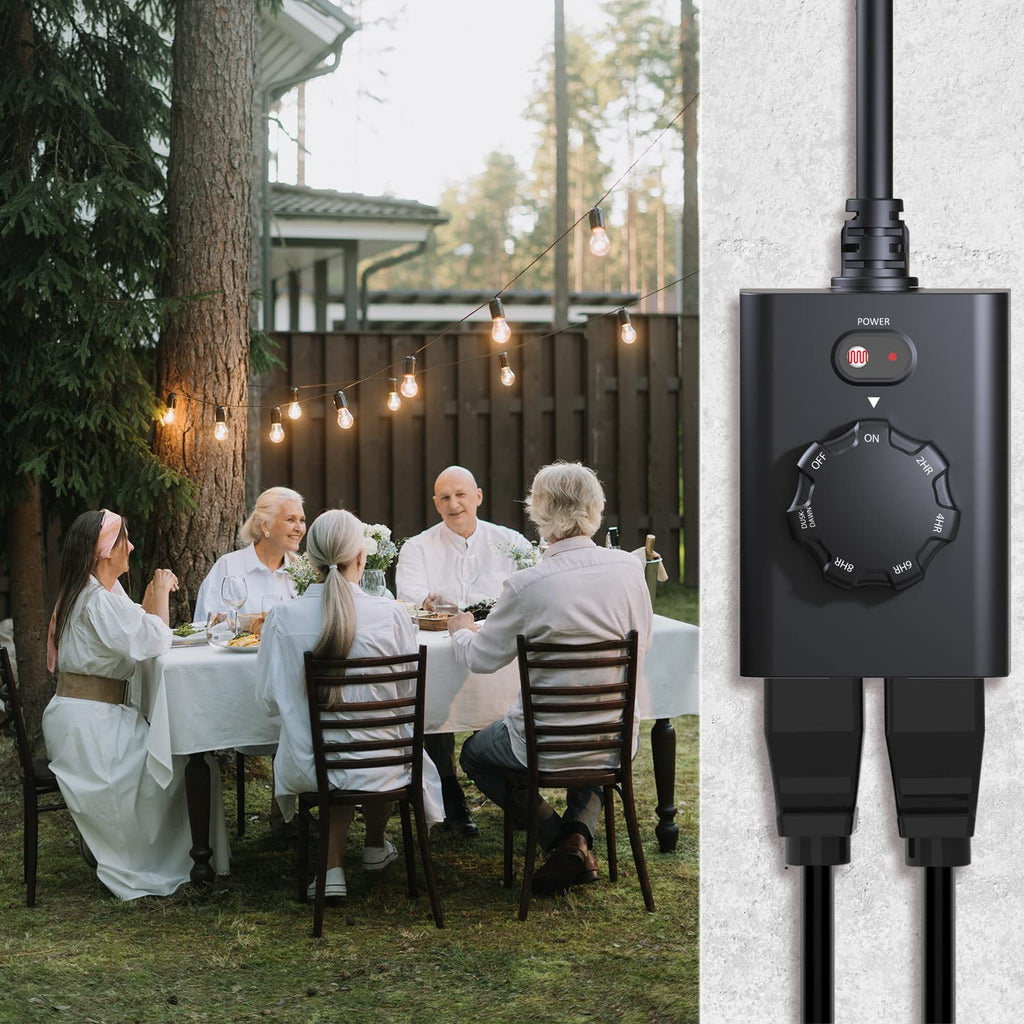 Minoston Outdoor Timer 2 Pack, Dusk to Dawn Outlet With 2 Grounded Outlets, 2-8 Hour Settings for Halloween Christmas Lights, ETL Listed (MP41T)