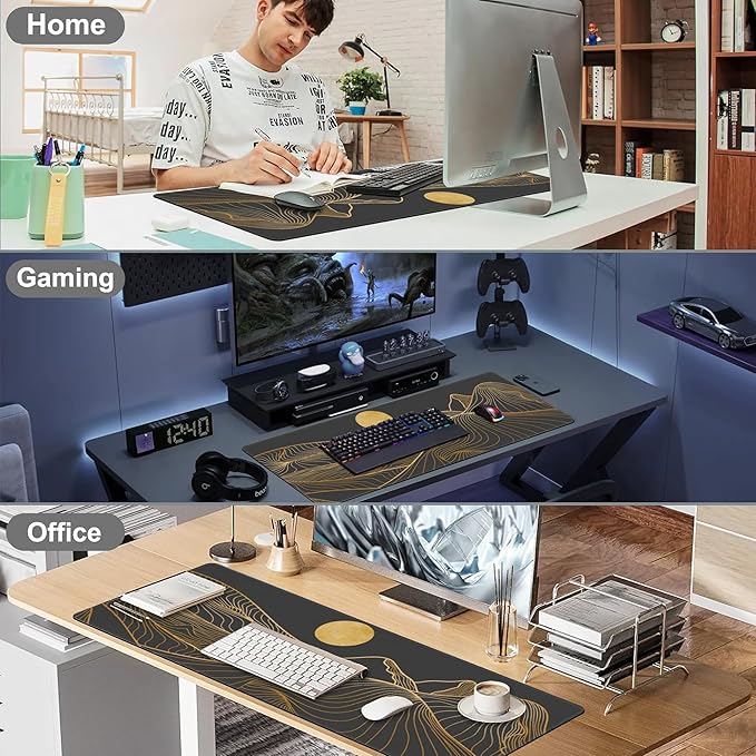 Abstract Golden Mountain Desk Mat,Large Gold Line Art Gaming Keyboard Mouse Pad,Non-Slip Rubber Base Desk Pad Thick Stitched Edges Waterproof Mousepad Mouse Mat 31.5"x11.8"