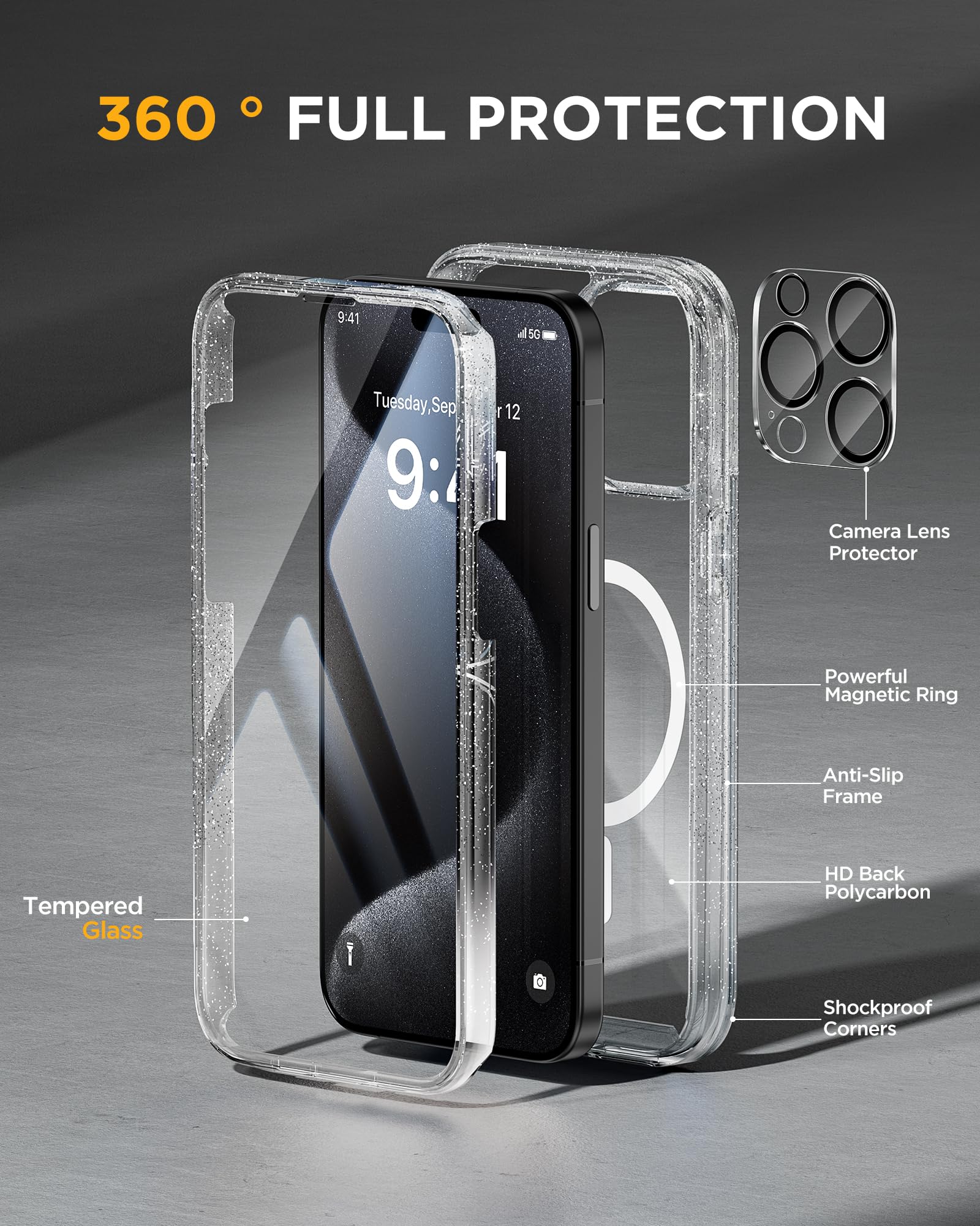 Miracase Magnetic for iPhone 15 Pro Case [Compatible with MagSafe] Full-Body Phone case with Built-in Glass Screen Protector& Camera Protector, Military Drop Proof 15 Pro Cover, Magnetic Clear Glitter