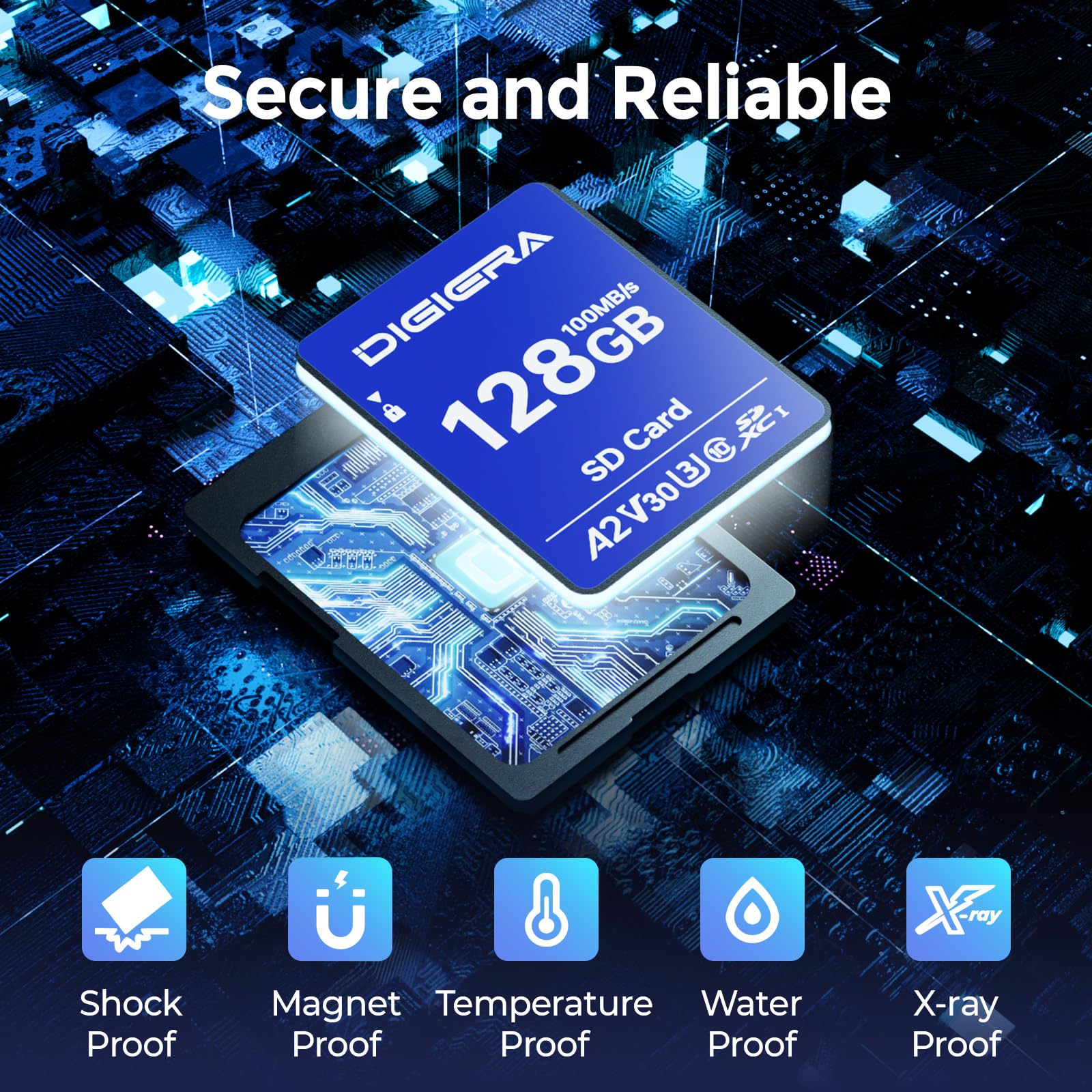 DIGIERA 128GB CS100 SDXC UHS-I Memory Card - up to 100MB/s, C10, U3, V30, 4K UHD, SD Card for Computers, Digital Cameras, Home Theatre Devices, Car Navigation Systems (1 Pack)