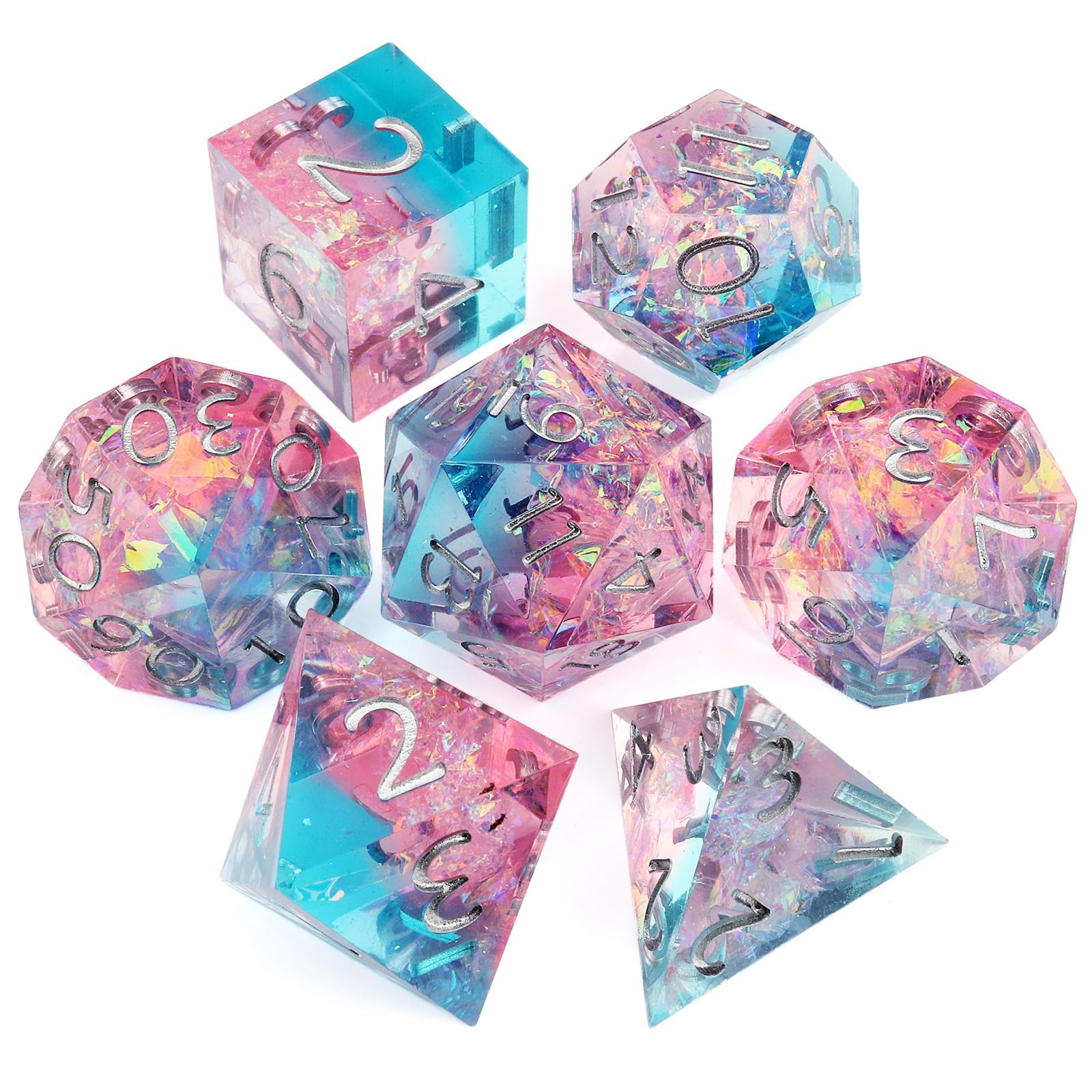Haxtec Sparkling Sharp Edge Dice Set - Handmade Resin DND Dice with Iridescent Mylar Inclusion, Light Purple and Blue Color Mix-Enchanted Stardust