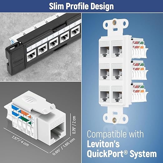 Everest 45° Angled RJ45 Cat6A Keystone Jacks 50-Pack in White - Slim Profile Female RJ45 Connectors - Cat 6A Keystone Jack - Compatible with 45° Angled Speed Termination Tool - 45Term (B0BL3GS7ZY)