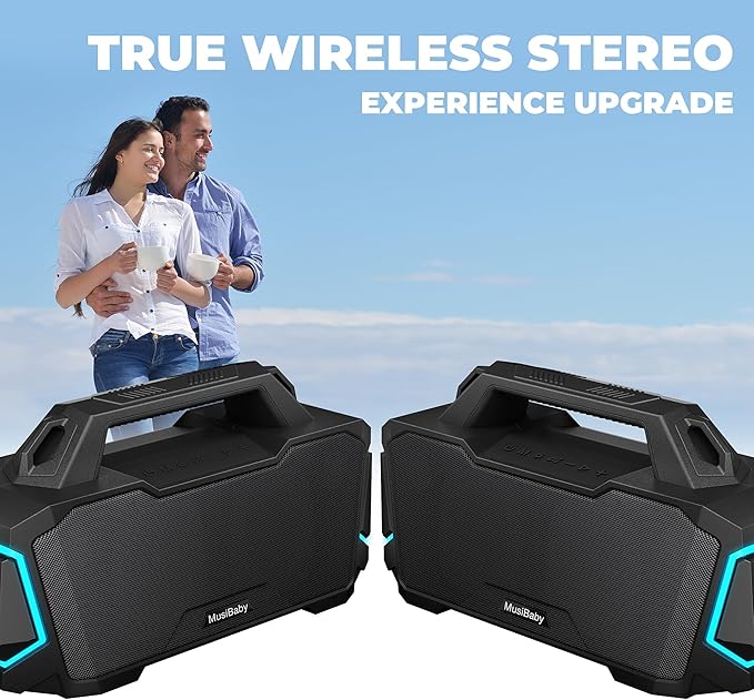 Bluetooth Speaker,Musibaby M1 Portable Bluetooth Speakers:Loud Stereo Sound with Subwoofer,Deep Bass,IPX6 Waterproof,Wireless Speaker with BT5.3,Dual Pairing,20H+ Playtime for Outdoor,Beach(Blk)