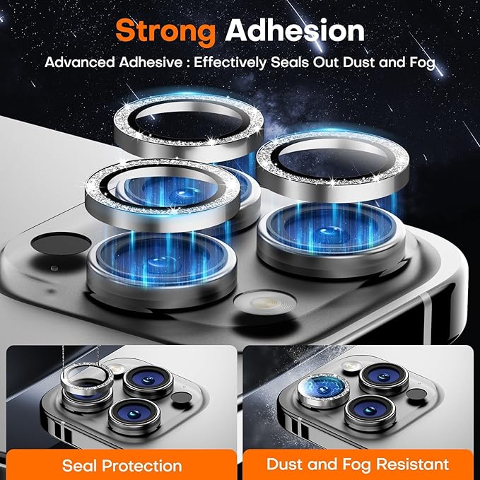 Camera Lens Protector for iPhone 16 Pro Max/16 Pro/15 Pro Max/15 Pro/14 Pro Max/14 Pro, Sapphire Glass Metal Individual Camera Cover Screen, Anti-drop, Case Friendly- Glitter White Titanium