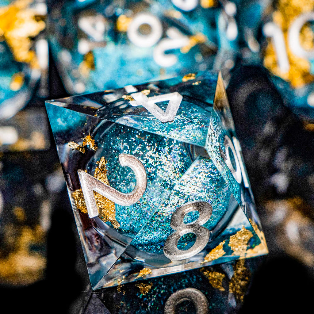 ORIFANTOU DND Dice Blue Liquid Core Dice Set with Metal Box, Handmade Sharp Edge D and D Polyhedral Dice for use with RPG D&D Role Playing Game