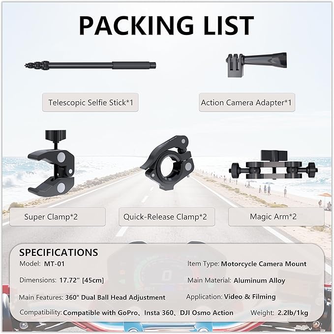 Motorcycle Camera Mount for Insta 360 x5,Adjustable GoPro Bike Extension Pole Kit Compatible with Insta360, GoPro, and DJI Cameras - Designed for Bike and Motorcycle Riding Shots