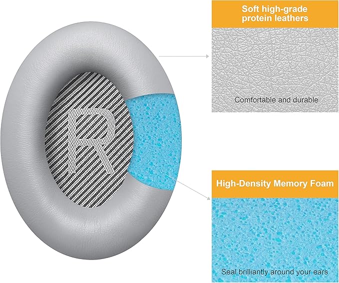 BINGLE Upgraded QC35 Replacement Ear Pads for Bose & Sound Insulation Bose QC35 ii Replacement Ear Pads, Added Thickness QC35 Replacement Headphone Pads with Soft Leather, Memory Foam Gray