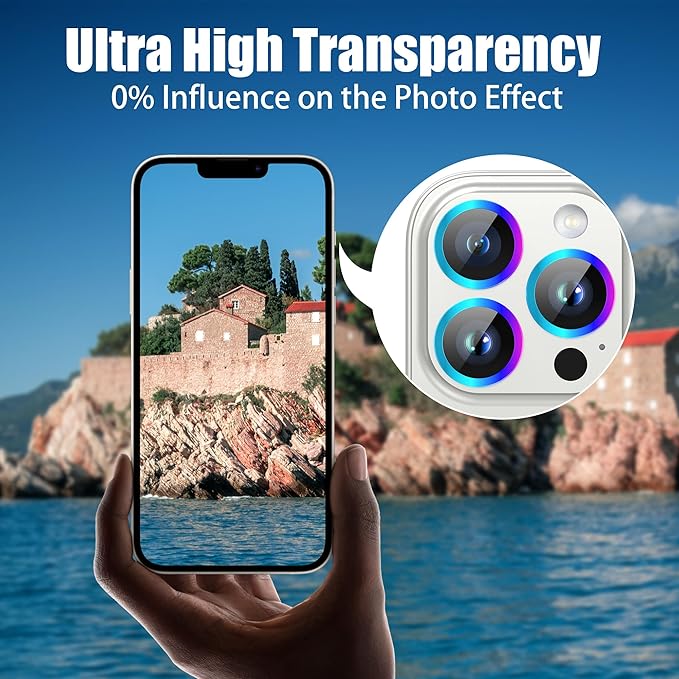 AGVEE 3+3 Camera Lens Protector for iPhone 15 Pro 6.1" / 15 Pro Max 6.7", Brushed Metal Ring 9H Tempered HD Glass Camera Protector Cover Film, Silver