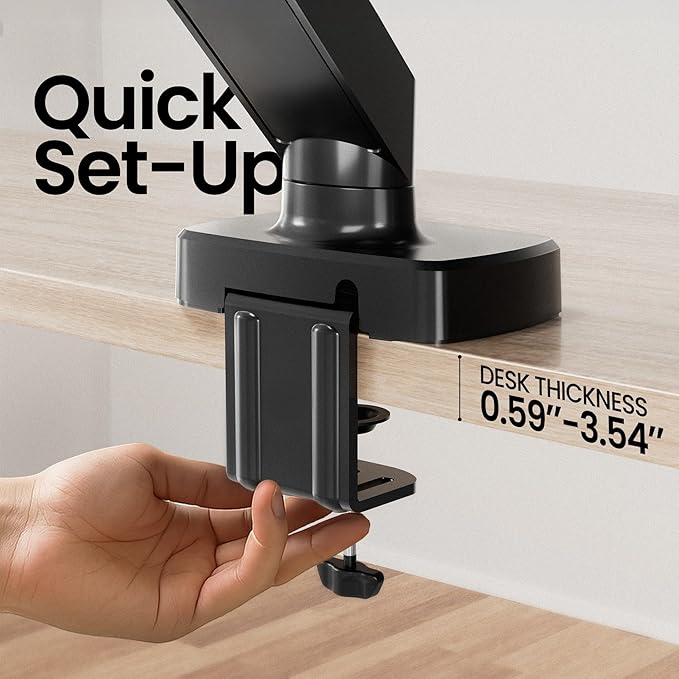 EVEO Premium Single Monitor Arm 14"–34", Adjustable Gas Spring Monitor Mount, Single Arm Desk Mount for 34 Inch Computer Screens, VESA Compatible Stand with Clamp and Grommet Base – Black
