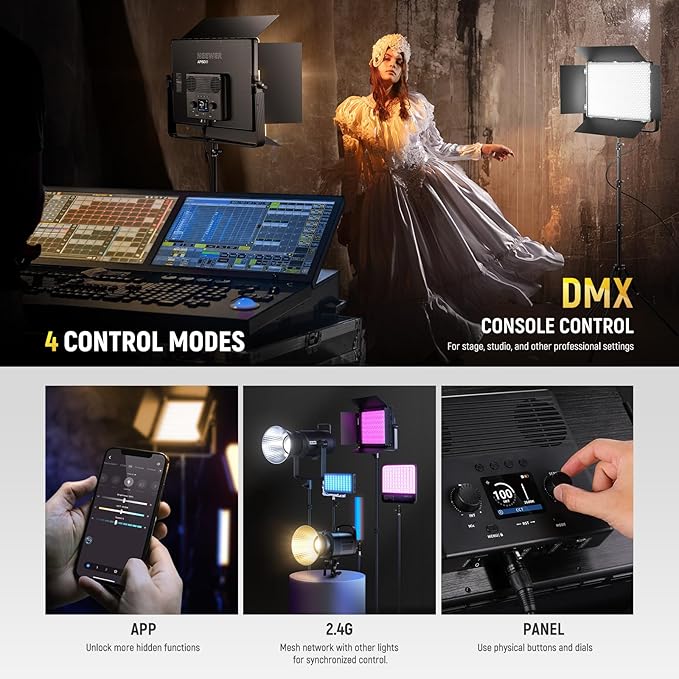 NEEWER 150W Bi Color LED Panel Video Light Kit, 1440 LEDs 49500Lux@0.5m 2500K-8500K CRI96+/TLCI97+ 0-100% Dimming APP/2.4G/Panel/DMX Control for Pro Studio Photography Recording Stage Lighting, AP150B