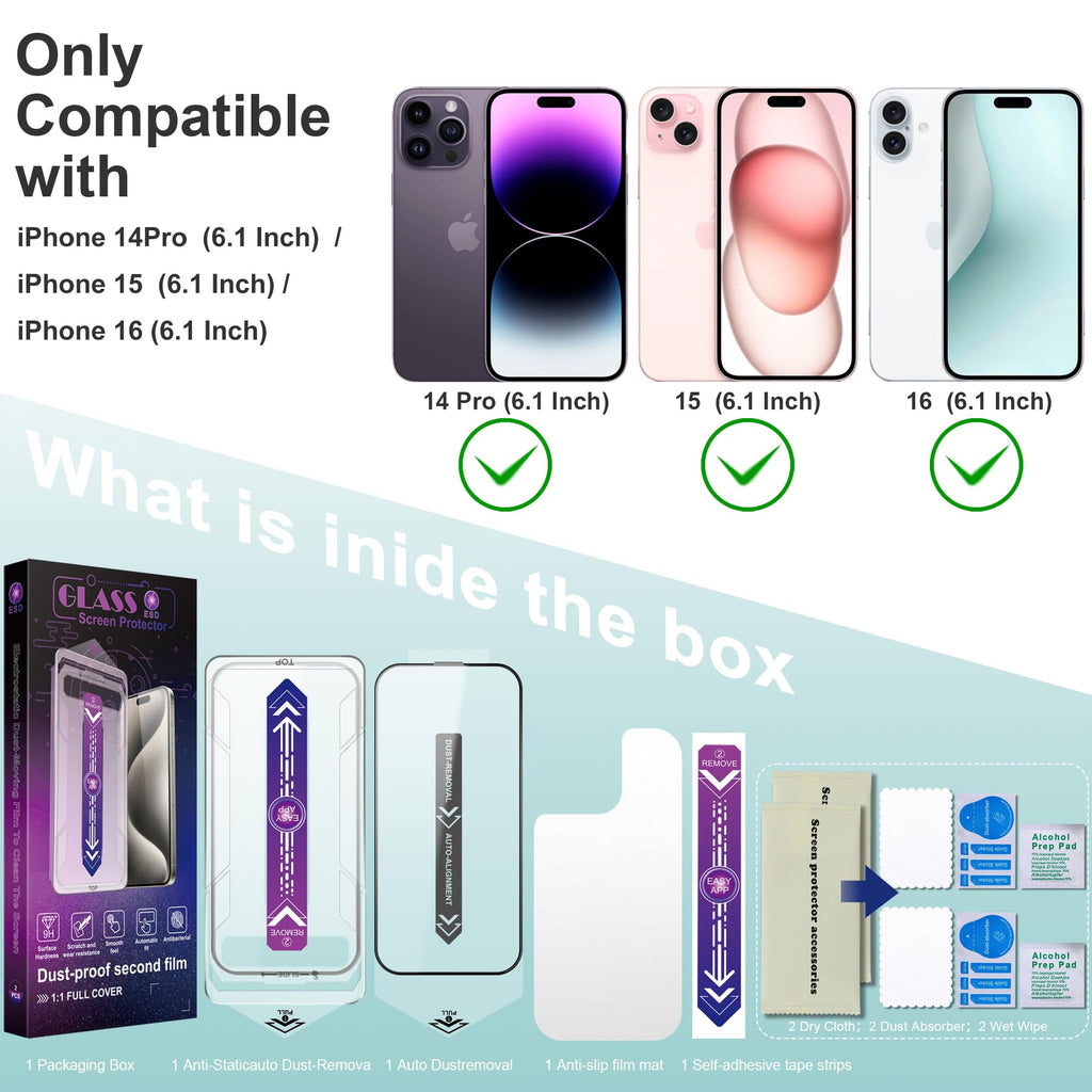 SHANG PIN JIA 2 Pack Screen Protector Tempered Glass for iPhone 16 for iPhone 15 for iPhone 14 Pro 6.1-Inch Auto Dust Removal, No Bubbles, High Definition Clear, Easy Installation