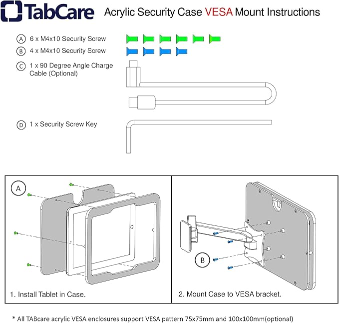 TABcare Anti-Theft Acrylic VESA Enclosure for Apple iPad Mini 1/2/3 with Free Wall Mount Kit & 90-Degree Angle Charge Cable (iPad Mini 1/2/3 8", Clear)