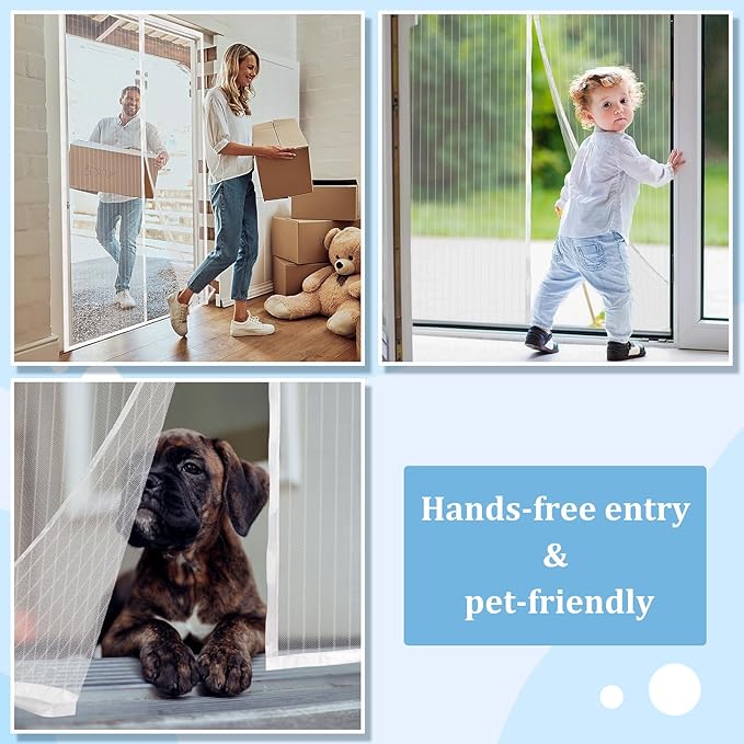 Magnetic Screen Door - Self Sealing, Heavy Duty, Hands Free Mesh Partition Keeps Bugs Out Let Breeze in- Pet and Kid Friendly - Keep Open Feature (White, Fit Door Size 32x 82 Inch)