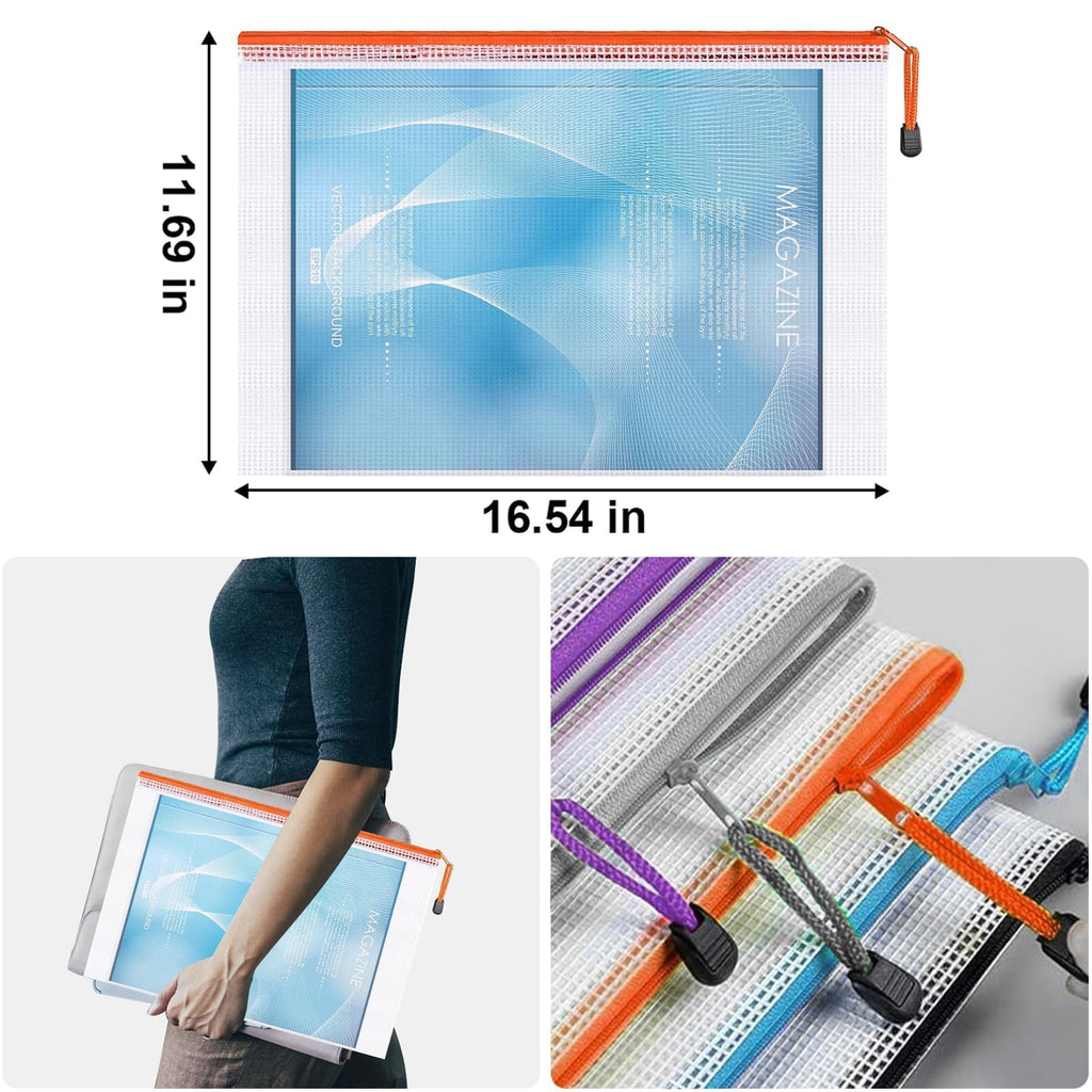 Krvyrn Mesh Zipper Pouches, 12 Pack A3 Waterproof Zipper Pouches for Board Game Storage, Puzzle Storage, Office and School Supplies, Home, Travel Organizer