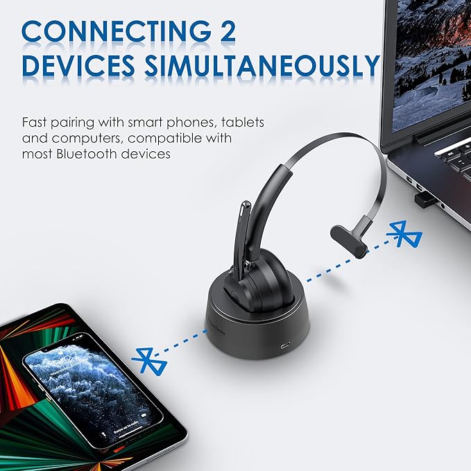 Bluetooth Headset, Wireless Headphone with Microphone for Computer, On Ear Bluetooth with USB Dongle for Office Call Center Skype Zoom Meeting Online Class (Dark Gray)